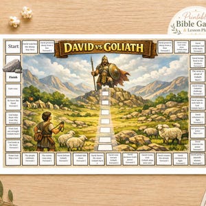 May include: A printable board game titled David vs Goliath featuring a central illustration of a warrior on a hill and a shepherd with sheep. The game board includes a path of squares, text-based instructions, and a start and finish point.
