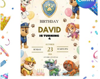 Bearbeitbare Paw Patrol Geburtstagseinladungsvorlage, Canva-Einladung für Jungen und Mädchen, Kinderparty-Einladung, Sofort-Download