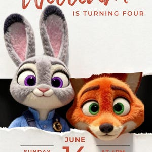 May include: A birthday invitation featuring Judy Hopps and Nick Wilde from Zootopia. The text "William is turning four" is in a red script font. The date is June 14th, Sunday, at 4 PM. The invitation includes an address.