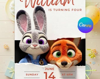 Premium-Einladung zu Zootopia, bearbeitbare Geburtstagsvorlage, von Zootopia inspirierte Partyeinladung (Canva)