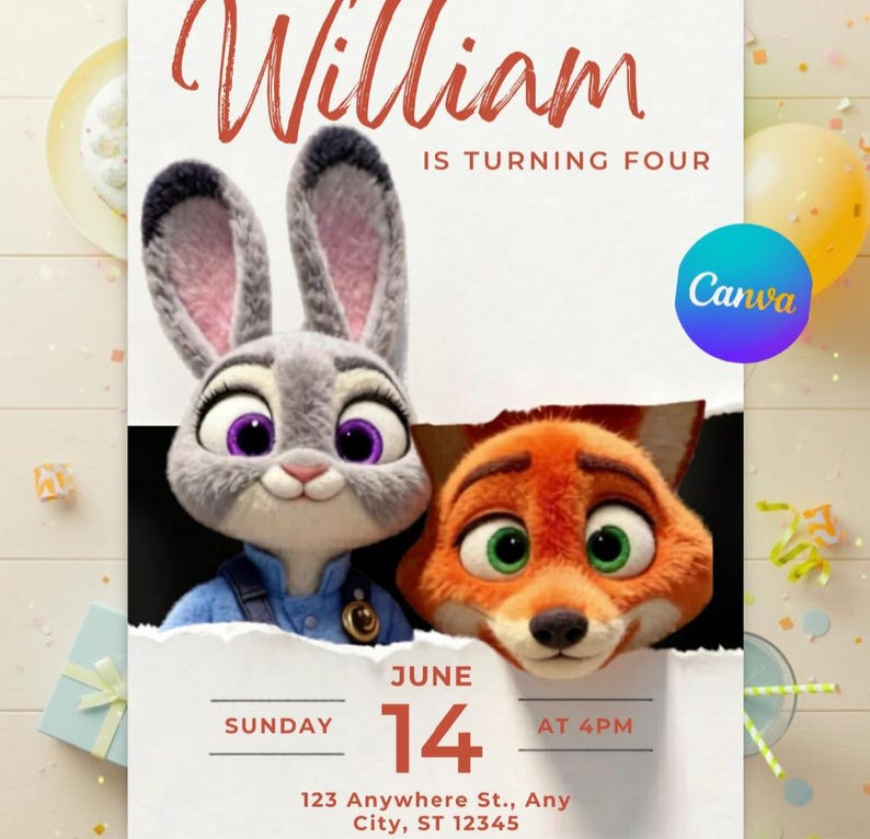 May include: A birthday invitation featuring the characters Judy Hopps and Nick Wilde from Zootopia. The invitation includes the name "William", the text "IS TURNING FOUR", and the date "JUNE 14". The Canva logo is also visible.