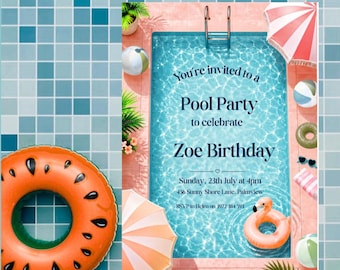 Einladung zur Poolparty – Bearbeitbare Einladung zum tropischen Sommergeburtstag (Canva-Druckvorlage)