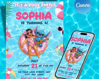 Stitch Pool Party Einladung, bearbeitbare tropische Splash Geburtstagseinladung, Canva-Druckvorlage