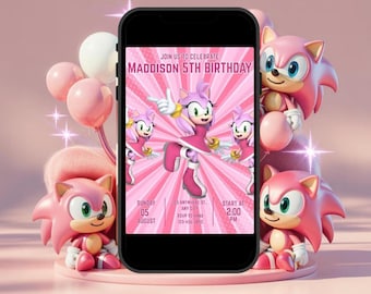 Einladungsvorlage für Amy Roses Sonic-Geburtstag, Sonic the Hedgehog Party-Einladung, Digitale Einladung zum Geburtstag mit pinkem Igel, Gaming-Party für Mädchen
