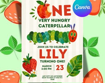 Einladungsvorlage für eine Geburtstagsparty mit der hungrigen Raupe – Bearbeitbar, farbenfroh, für eine Insektenparty – Canva-Sofortdownload