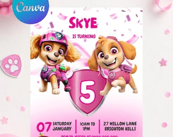 Einladung für Paw Patrol mit Skye, bearbeitbare Vorlage, Canva-Einladung, Kinderparty-Einladung, Sofort-Download