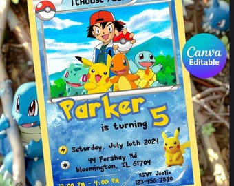 Pokémon-Geburtstagseinladungsvorlage, bearbeitbare Canva-Einladung für Jungen, Kinderparty-Einladung, Pikachu-Party-Einladung, Sofort-Download