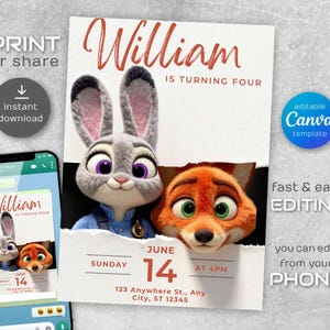 May include: A birthday invitation featuring the characters Judy Hopps and Nick Wilde from Zootopia. The invitation includes the name "William", the phrase "IS TURNING FOUR", and the date "June 14". The invitation is editable with a Canva template.