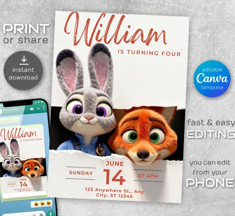 May include: A birthday invitation featuring the characters Judy Hopps and Nick Wilde from Zootopia. The invitation includes the name "William", the phrase "IS TURNING FOUR", and the date "June 14". The invitation is editable with a Canva template.