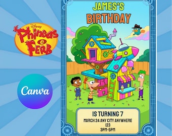 Phineas und Ferb Einladung, Sommer-Abenteuer-Geburtstagseinladung, Einladung zur Erfinder-Mottoparty für Kinder, digitale, bearbeitbare Canva-Vorlage