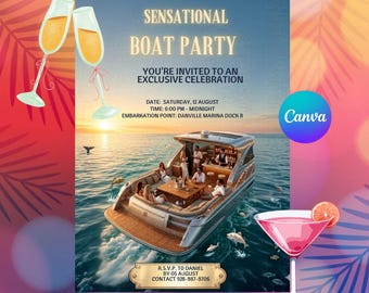 Einladung zur maritimen Geburtstagsparty auf einem Boot, Einladung zur Yachtkreuzfahrt, elegante digitale Vorlage für eine Sommerparty, Einladung für Erwachsene