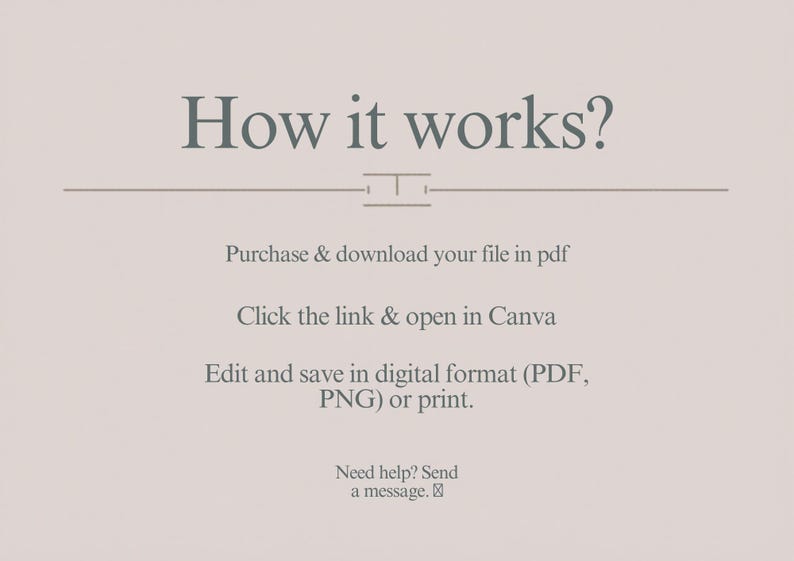 May include: A light beige graphic with the text "How it works?" in a dark gray font. Instructions include purchasing and downloading a PDF file, opening a Canva link, and editing and saving in digital format or printing. A message option is available.