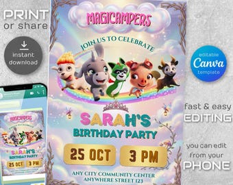Magicampers-Einladungsvorlage, Einladung zur Kinder-Campingparty, bearbeitbare Canva-Geburtstagseinladung, digitaler Download