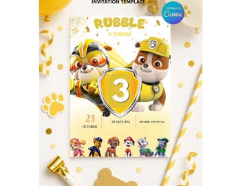 Einladung zum 3. Geburtstag, bearbeitbare Paw Patrol-Geburtstagseinladungsvorlage mit Schutt, Canva-Einladung, Kinderparty-Einladung, Sofort-Download