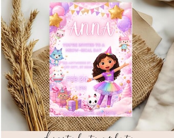 Einladungsvorlage für Gabbys Geburtstag, Canva-Einladung für Mädchen, Kinderparty-Einladung, Katzenparty, Sofort-Download