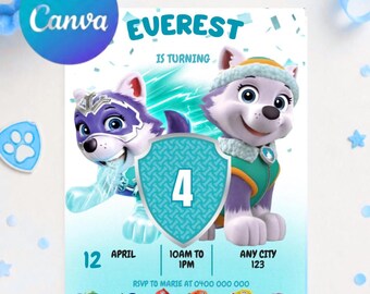 4th Birthday Invitation, Paw Patrol invite,Everest, Editable Canva Template, Canva Invite for girls, Kids Party Invitation, Instant Download