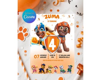 Zuma Paw Patrol Einladung, Bearbeitbare Zuma Geburtstagseinladungsvorlage, Canva-Einladung, Kinderparty-Einladung, Sofort-Download