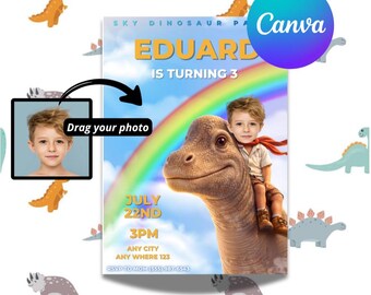 Individuell gestaltbare Einladung zum Dinosaurier-Geburtstag (Canva) – Kinder reiten auf einem Dino – Party-Einladung (Canva)