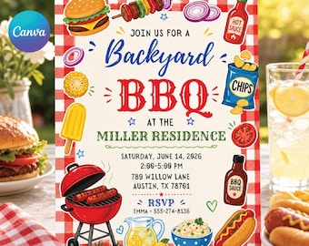 BBQ Party Invitation Template Editable Backyard Barbecue Invite Canva Instant Download