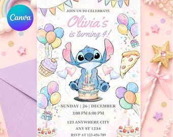 Stitch-Geburtstagseinladungsvorlage, bearbeitbar, tropische Aloha-Party-Einladung, Canva-Sofortdownload