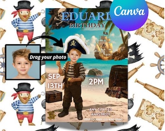 Piraten-Geburtstagseinladungsvorlage – Bearbeitbare Vorlage mit individuellem Gesicht – Piratenparty-Einladung – Canva – Sofort-Download