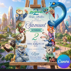 May include: A colorful birthday invitation featuring characters from the Disney movie Zootopia. The invitation includes the text "Zootopia Zeorific adventure" and "Samuel is turning 2" with event details. The invitation is displayed on a wooden easel.