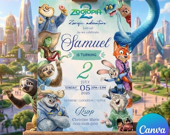 Zootopia-Geburtstagseinladungsvorlage, bearbeitbare Zootopia-Partyeinladung (Canva)