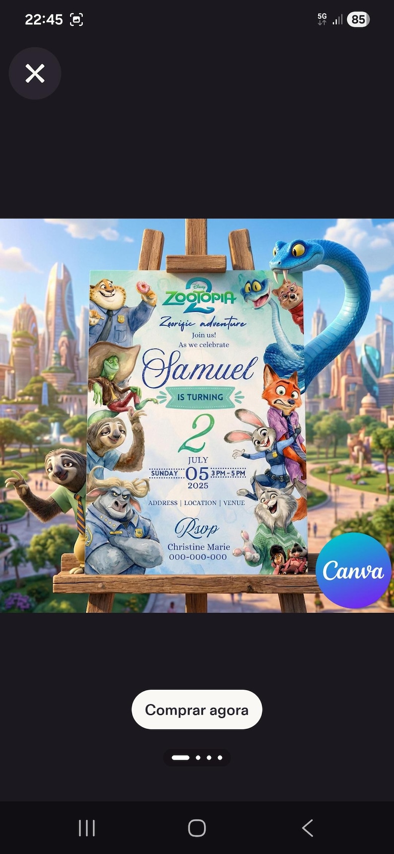 May include: A colorful birthday invitation featuring characters from the Disney movie Zootopia. The invitation includes the text "Zootopia Zeorific adventure" and "Samuel is turning 2" with event details. The invitation is displayed on a wooden easel.