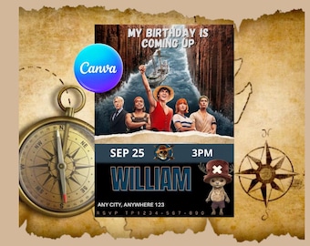 One Piece Geburtstagseinladung: Bearbeitbare Canva-Vorlage, Einladung zur Live-Action-Party