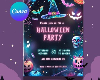 Plantilla editable de invitación para fiesta de Halloween "Spooky Boo Bash" (Invitación para fiesta espeluznante) Descarga instantánea en Canva