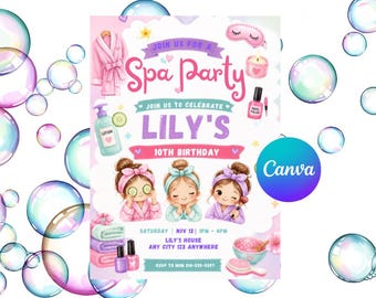 Vorlage für eine bearbeitbare Einladung zur Spa-Party-Geburtstagsfeier für Mädchen (Canva, sofortiger Download)