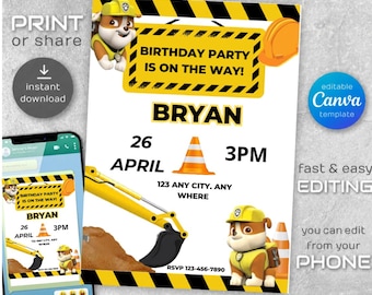 Einladung zum Geburtstag von Rubble (Paw Patrol), bearbeitbare Canva-Vorlage, sofortiger Download
