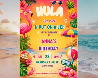 Hula-Geburtstagseinladungsvorlage, bearbeitbare Einladung zur tropischen Luau-Party (Canva, sofortiger Download)