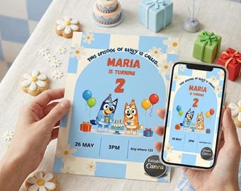 Bearbeitbare Einladungsvorlage zum 2. Geburtstag von Bluey, Canva-Einladung für Jungen und Mädchen, Kinderparty-Einladung, Blue-Hund-Motiv, Sofort-Download
