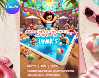 Einladung zur Poolparty – Bearbeitbare Einladung zum tropischen Sommergeburtstag (Canva-Druckvorlage)