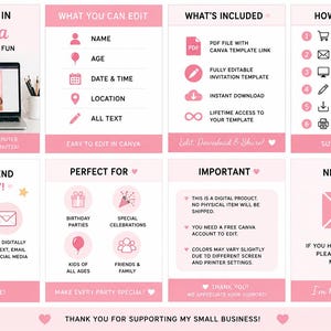 May include: Pink and white digital invitation template, editable in Canva. Features include name, age, date, time, and location. Perfect for birthday parties, special celebrations, and friends and family. Includes PDF file and instant download.
