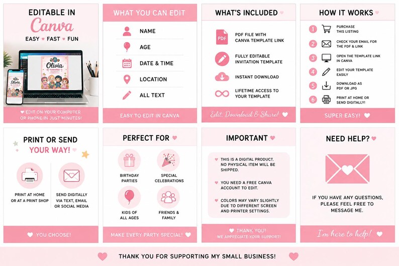 May include: Pink and white digital invitation template, editable in Canva. Features include name, age, date, time, and location. Perfect for birthday parties, special celebrations, and friends and family. Includes PDF file and instant download.