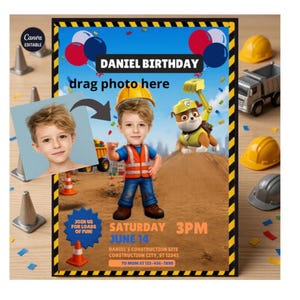 Pode incluir: Um convite de aniversário com tema de construção. O convite apresenta uma ilustração de desenho animado de um menino com uma roupa de trabalhador da construção, balões e o texto "DANIEL BIRTHDAY". A data e a hora também são exibidas. Elementos adicionais incluem uma foto de um menino e um cachorro de desenho animado.