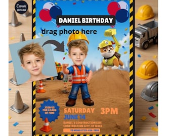 Geburtstagseinladung mit Rubble-Motiv (mit Foto bearbeitbar), Paw Patrol Rubble-Bauvorlage, Canva-Einladung, sofortiger Download