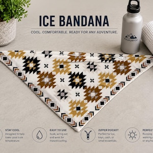 May include: A triangular ice bandana featuring a geometric pattern in shades of gold, black, and grey on a white background. The text ICE BANDANA is printed above, with additional text describing features like a zipper pocket and cooling function.