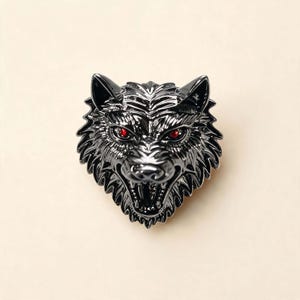 Black Wolf Head Brooch with Red Eyes – Gothic Statement Lapel Pin Accessory