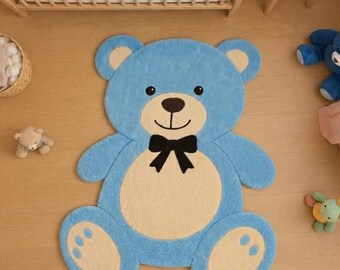 Blauer Teddybär Handgetufteter Wollteppich, Kinderzimmer-Kinderzimmer-Teppich, niedlicher Bären-förmiger Teppich, Baby-Raum-Dekor, weicher Plüsch-Vorleger-Teppich, Spielzimmer-Boden.