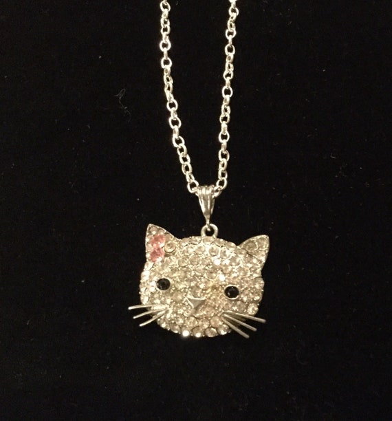 Hello Kitty Silver Pendant Necklace With A Pave Clear Crystal Rhinestone  Face and a Pink Bow Sanrio Adorable - Etsy Israel