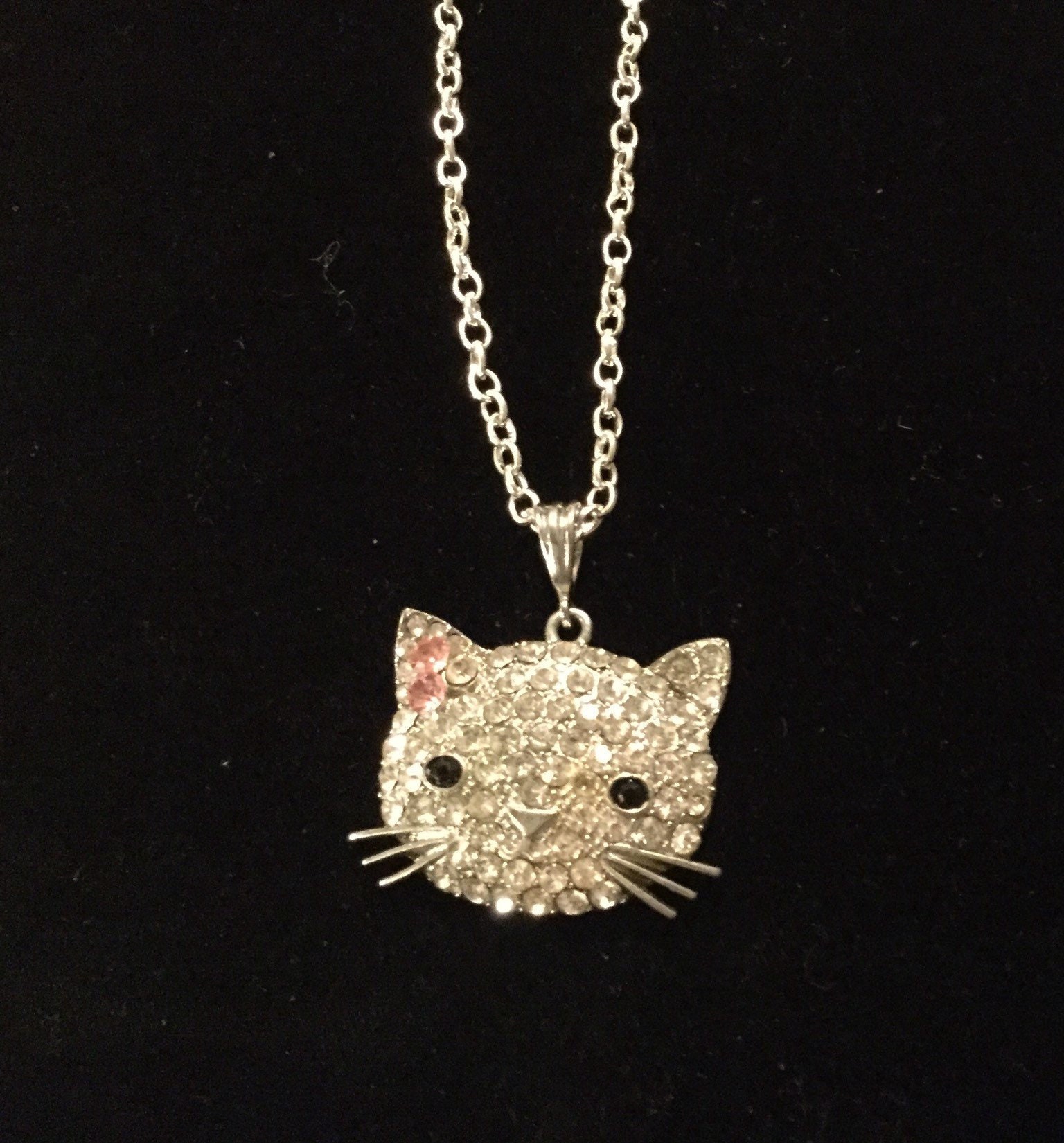 Hello Kitty Silver Pendant Necklace With A Pave Clear Crystal