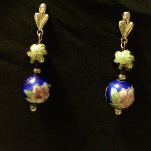 Cloisonné Double Beaded Floral Design Dangle Drop Earrings Gold Post