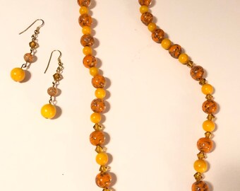 Murano glass Venetian Art Glass Orange-Gold Round Beaded Necklace-  Handmade 24KG Foil Beads-Glass Beaded Necklace-earrings-Italian handmade