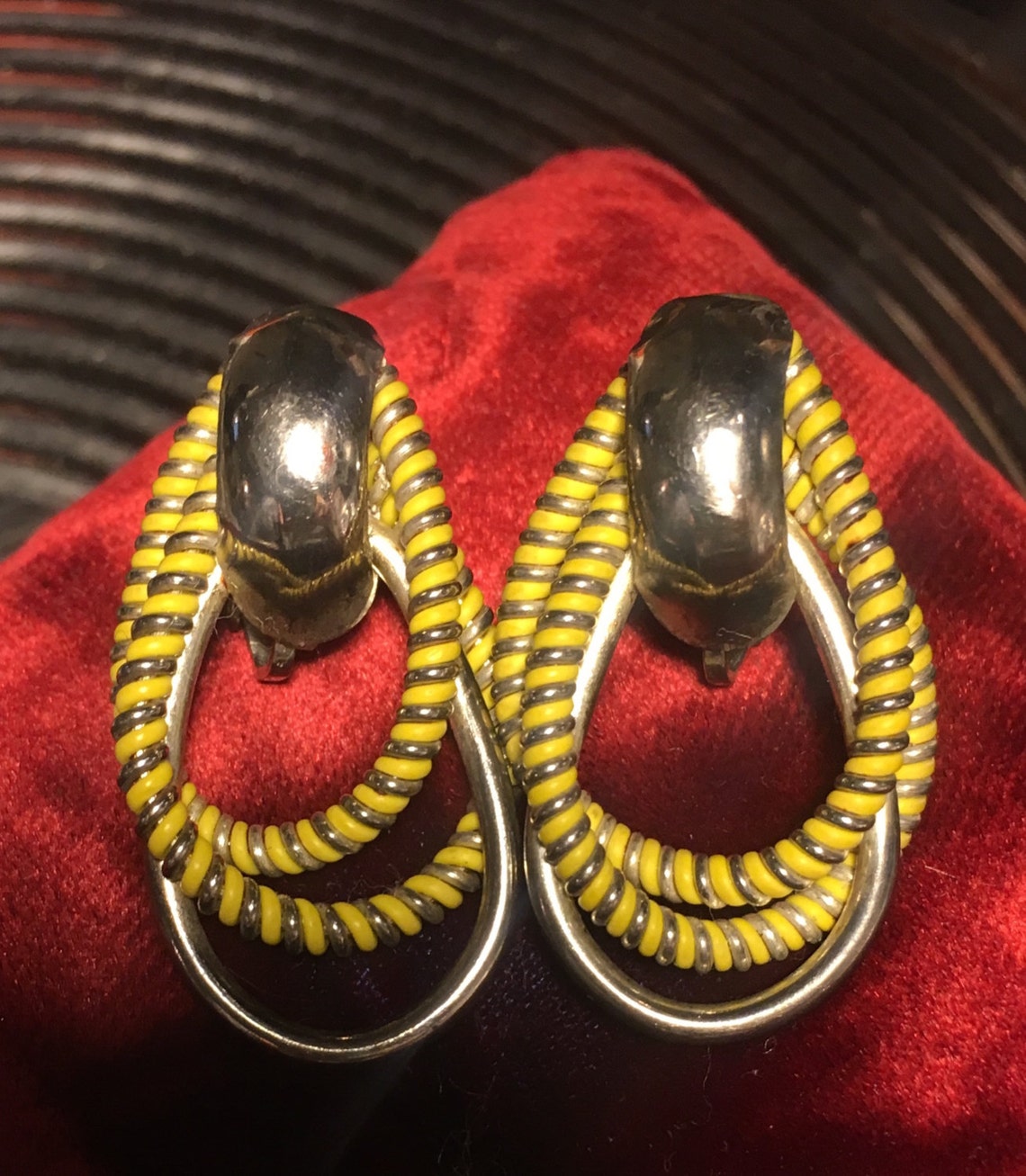 Vintage Silver Clip on Dangle Earrings With Yellow Wrap Dangle Loops