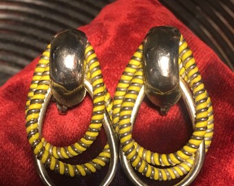 Vintage Silber Ohrclips mit Gelben Wickelschlaufen Abstrakt