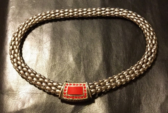 Silver Thick Mesh Choker With A Red Stone & Rhine… - image 1