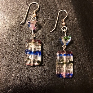 Murano Venetian Glass Dangle- Drop Earrings 2 Cubed Beads Royal Blue, Clear Sterling-Silver Wire, Handmade In Italy